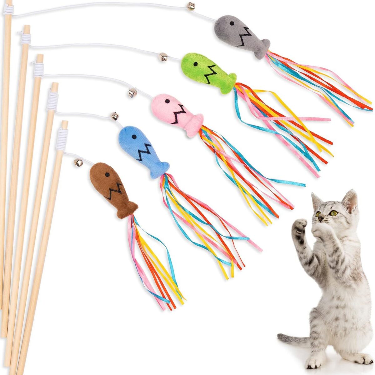 Cat Wand Toys Interactive Cat Toys With Catnip Fish Colorful Ribbons Bell For Kitty Kitten Cat Toys For Indoor Cats Cat Teaser Cat String Toy Cat Accessories
